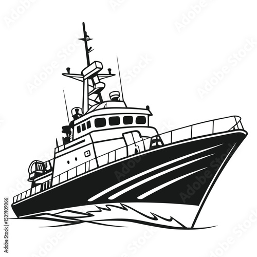 Detailed Monochrome Illustration of a Sleek Patrol Boat Navigating the Waters with Precision and Power, Maritime Vector Art