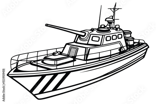 Detailed Black and White Line Art Depiction of a Modern Military Gunboat with Complex Superstructure and Hull Markings