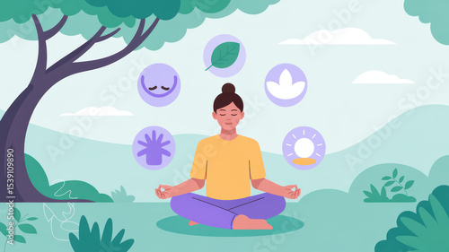 Wallpaper Mural Woman meditating under a tree, surrounded by symbols of holistic wellness and nature.
 Torontodigital.ca