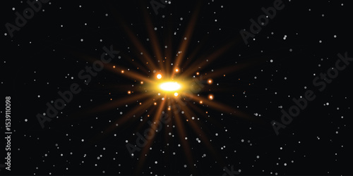 a bright yellow star with rays against a background of dark space with small stars, resembling an explosion of stars or galaxies