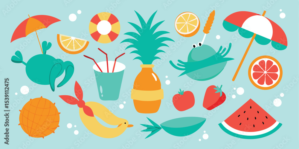 Fototapeta premium A colorful summer vacation illustration set featuring various delightful beach elements with tropical fruits and fun accessories in a flat design style