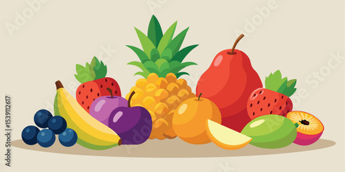A vibrant and colorful fruit arrangement illustration featuring pineapple pear strawberries plums banana and other assorted healthy fruits perfect for summer vacation
