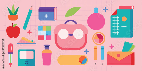 A vibrant and colorful summer vacation illustration set of various design elements perfectly presented on a white background, ideal for diverse design projects.