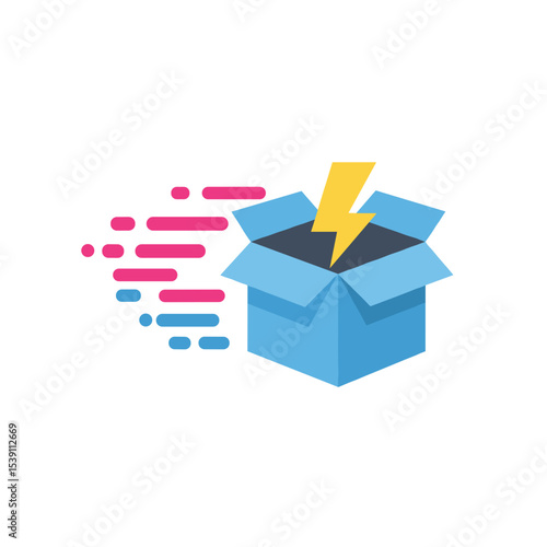Fast shipping icon with open blue box and lightning symbol  