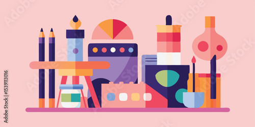 An abstract illustrated composition featuring artist supplies and tools in a harmonious colorful palette offering a unique summer vacation illustration set