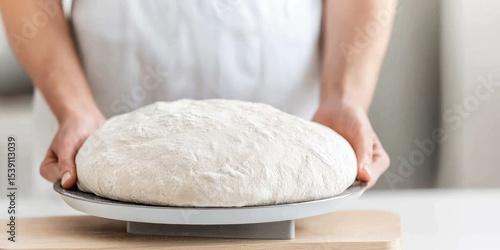 A person holds a tray with risen bread dough on a wooden table. Homemade baking preparation