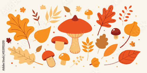 Beautiful hand drawn autumn leaves and mushrooms arrangement suitable for greeting cards summer vacation illustration set