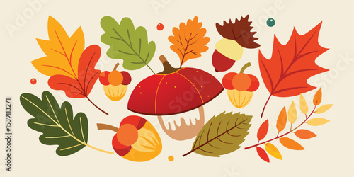 Charming autumn leaves acorns and pumpkin arrangements in a seasonal summer vacation illustration for decorative purpose and design projects