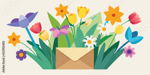 Colorful flat design spring flowers and an envelope forming an illustration ready for summer vacation greetings on various design projects