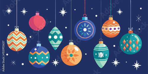 Colorful hanging christmas ornaments with various designs and shapes illustration perfect for festive holiday greetings and summer vacation designs, vector graphics.