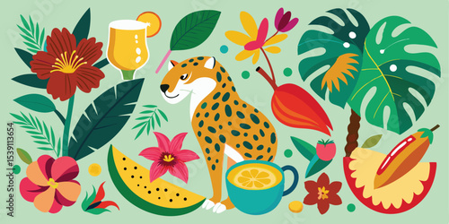 Colorful leopard with tropical flowers and fruits summer vacation illustration set on white background ideal for various design projects