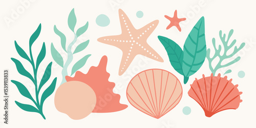 Delightful and colorful sea creatures and marine plants create an elegant and inviting summer vacation illustration set suitable for various design projects