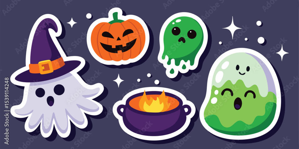 Festive and whimsical halloween illustration featuring a ghost, pumpkin, and cauldron elements perfect for summer vacation themed designs Festive and whimsical halloween illustration featuring a ghost, pumpkin, and cauldron elements perfect for summer vacation themed designs