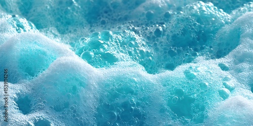 Close up of light blue and white bubbly foam texture with small and large bubbles visible clearly