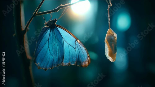 Beautiful blue butterfly emerging from chrysalis nature transformation delicate wings and textures