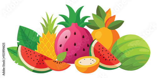 Vibrant and colorful tropical fruit composition displaying pineapple watermelon dragon fruit and papaya ideal for summer vacation illustration set