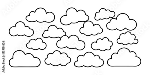 Vector illustration featuring a collection of stylized cloud outlines perfect for summer vacation and various design projects due to their transparent nature