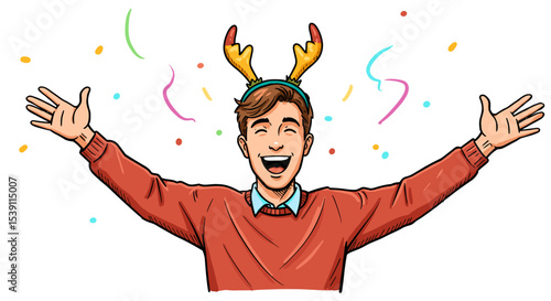 Young man celebrating with reindeer antlers and confetti for New Year  