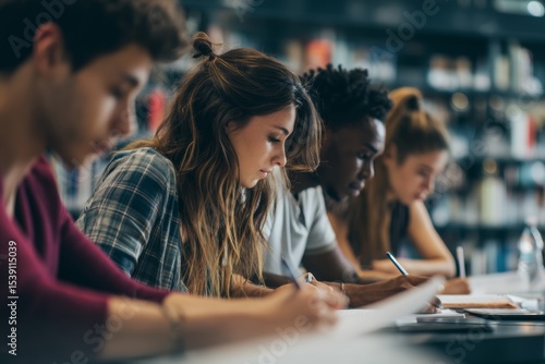 Wallpaper Mural Close-up view of a group of students intensely studying in a library. They are collaborating, taking notes, and preparing for an upcoming exam in a quiet, academic environment Torontodigital.ca