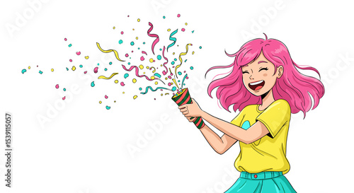 Girl celebrating with confetti popper and smiling for New Year  