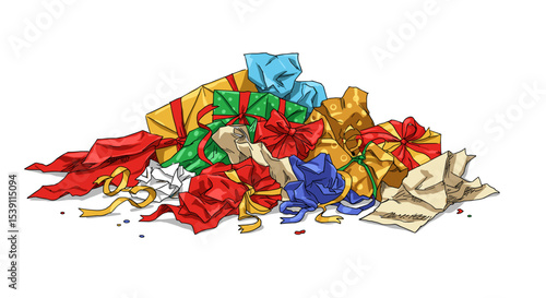 Colorful heap of crumpled gift wrap and ribbons on white background  