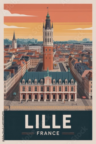 Retro Travel Poster of Lille Old Town Skyline, France