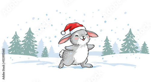 Cute rabbit wearing Santa hat playing in snow with evergreen trees  