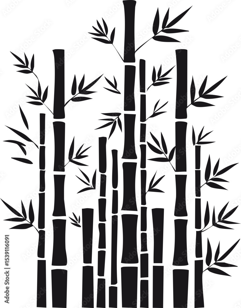 Obraz premium Black Bamboo Stalk Silhouette with Leaves – Minimalist Asian Plant Vector Design