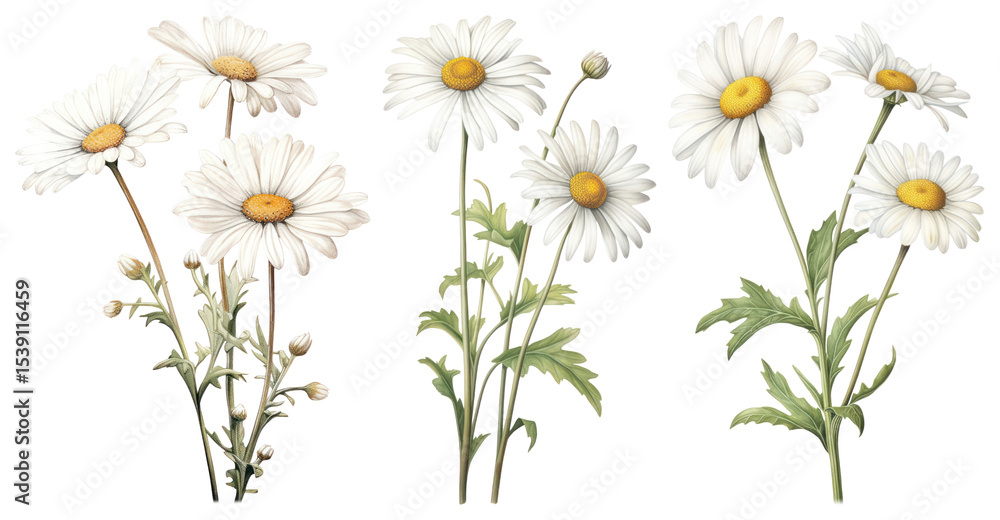 Fototapeta premium PNG Delicate daisies in bloom, element set on transparent background