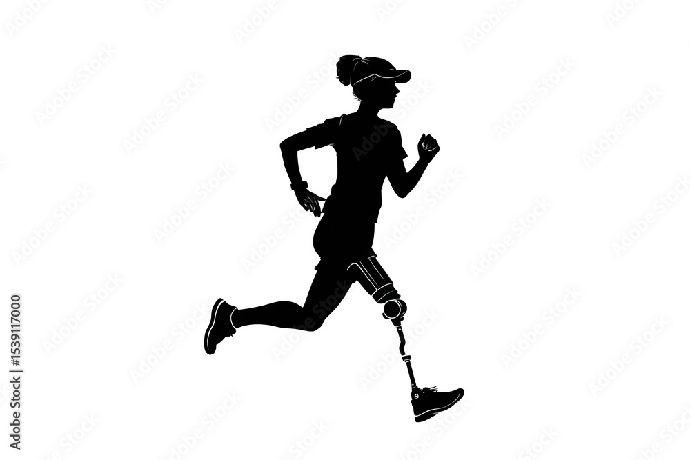 Obraz premium Powerful Silhouette of a Female Athlete Running with a Prosthetic Leg, Dynamic silhouette of a woman runner showcasing strength and determination. Perfect for sports, Transparent background