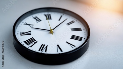 Wallpaper Mural A circular clock with Roman numerals shows the time clearly. It features a simple black frame and a white face, highlighting its classic design against a light background Torontodigital.ca