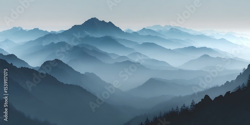 A scenic view of hazy blue mountains receding into the distance on a misty morning landscape scene
