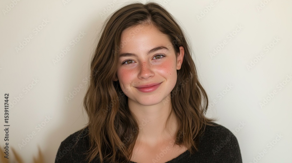 Portrait of a young woman with shoulder-length brunette hair. she is smiling and looking directly at the camera. her hair is styled in loose waves and falls over her shoulders. Portrait of a young woman with shoulder-length brunette hair. she is smiling and looking directly at the camera. her hair is styled in loose waves and falls over her shoulders.