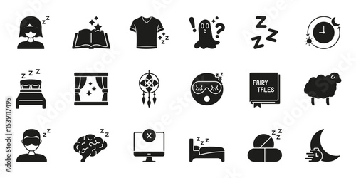 Sleep And Relaxation Solid Icon Set. Bedtime Routine, Dreaming, And Restful Sleep Silhouette Symbol Collection. Sleep Hygiene And Nighttime Habits. Isolated Vector Illustration
