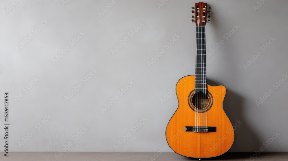 Fototapeta premium An acoustic guitar rests against a smooth gray wall, showcasing its rich wood finish and intricate details. The scene highlights the elegance of musical craftsmanship