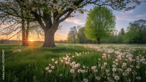 Wallpaper Mural Serene Spring Sunset Dandelions and Majestic Trees in a Lush Meadow Torontodigital.ca