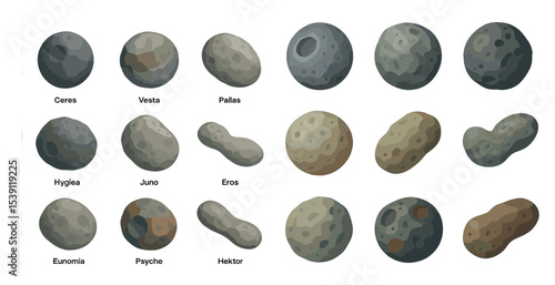 Asteroid and space objects icons set – filled, solid, celestial and astronomical symbols