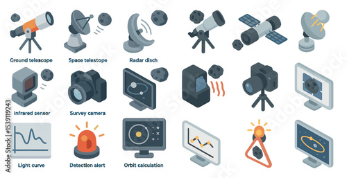 Space and astronomy isometric icons set – radar, telescope, satellite elements