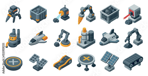 Robotics and tech isometric icons set – 3d, automation, engineering graphics