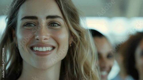 Wallpaper Mural A young woman smiling during a train ride, enjoying the commute and social interaction. Torontodigital.ca