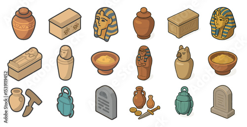 Ancient egypt isometric icons set – historical, archaeological, artifact symbols