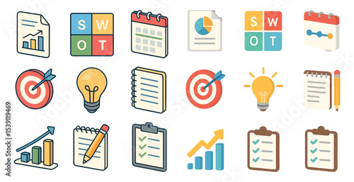 Business and strategy icons set – flat, outline, planning and swot design elements