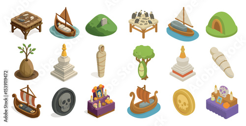 Ancient history icons set – isometric, filled, archaeology and artifact symbols