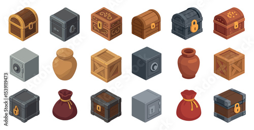 Treasure chest and box icons set – isometric, 3d, storage and security symbols
