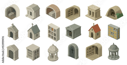 Mausoleum and crypt isometric icons set – burial, tombstone, sepulcher symbols
