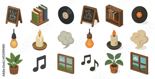Coffee shop and reading isometric icons set – flat, cafe, book and music symbols