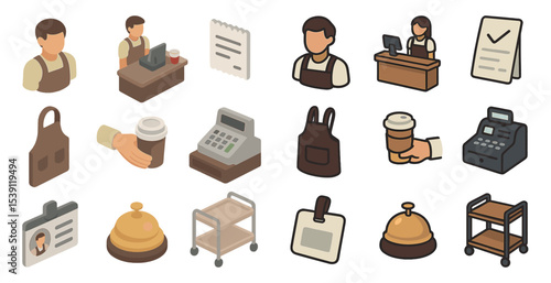 Cafe and barista isometric icons set – coffee, drink, beverage symbols