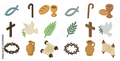 Christianity isometric icons set – faith, religious symbols, spiritual elements