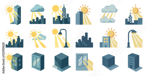 Cityscape silhouette icons set – flat, filled, urban and architectural symbols