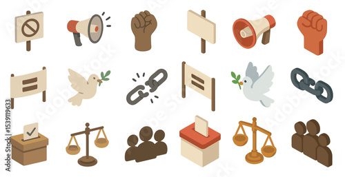 Civil rights and activism 3d icons set – social justice, protest, equality symbols
